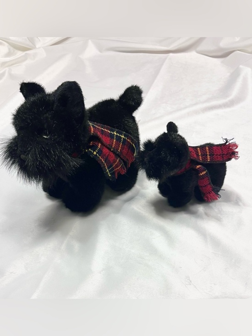 Russ Berrie Shadow Black Scottie Dog & Puppy Plush Pair with Plaid Scarves